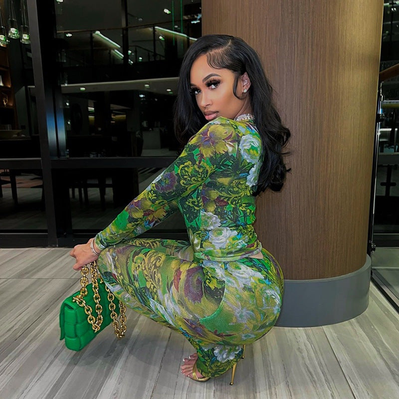 Fashion Mesh Printed Round Neck Long-sleeved Doublet Trousers Polyester Casual Suit