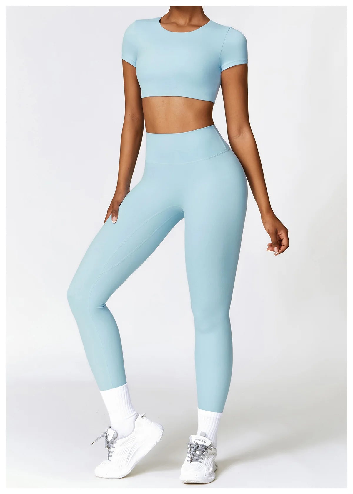 2PCS Seamless Yoga Set (Sky Blue, Black and Frost Grey)