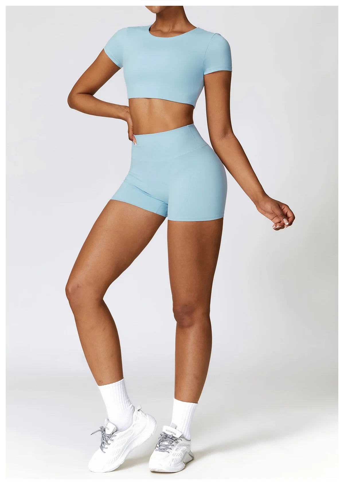 2PCS Seamless Yoga Set (Sky Blue, Black and Frost Grey)