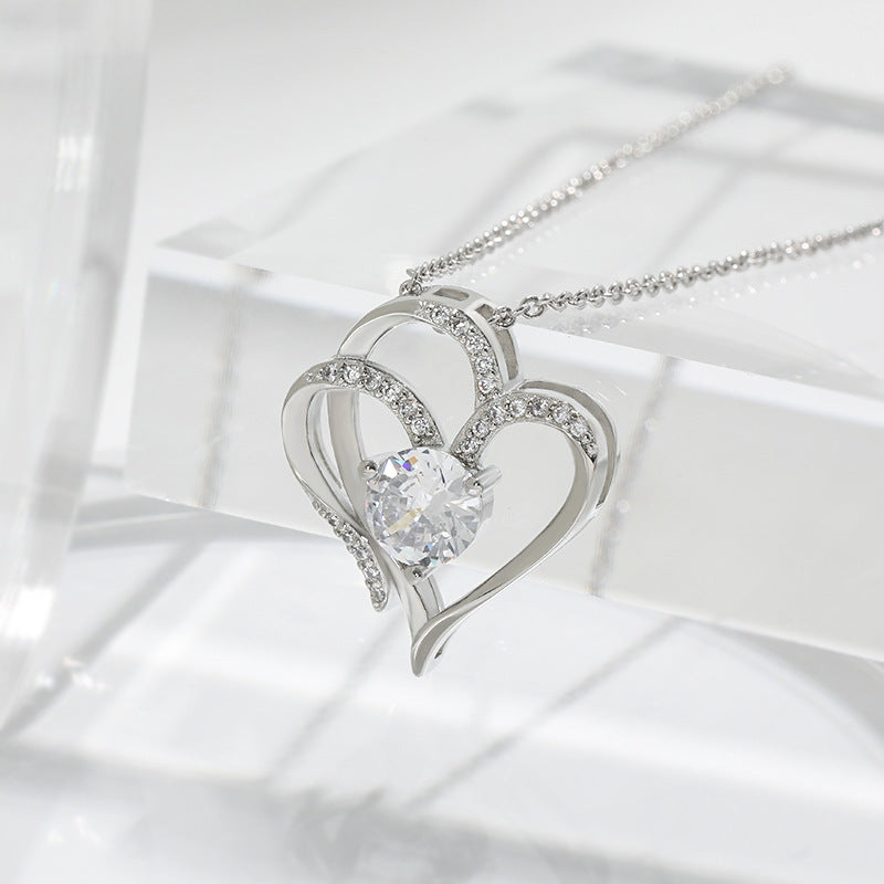 Double Love Necklace With Rhinestones Heart-shaped Necklace