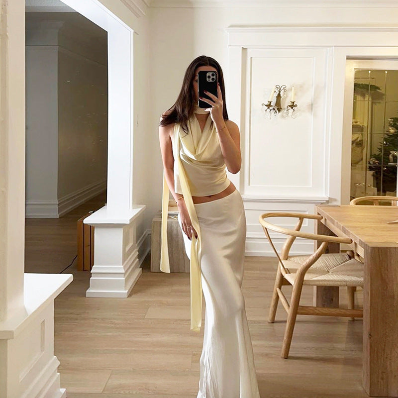 Satin Halter Top Low-waist Skirt Sets