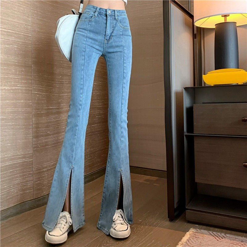 Women's High Waist Slit Jeans Micro Flared Pants