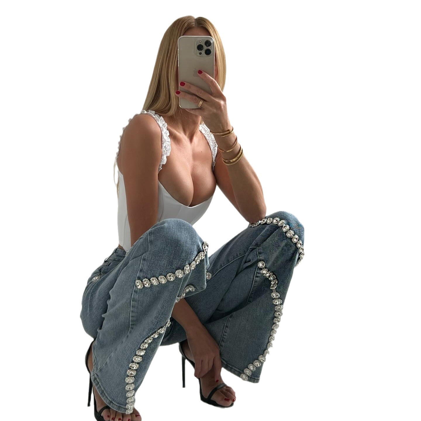 Fashionable Pants With A Rhine Stone Denim Design