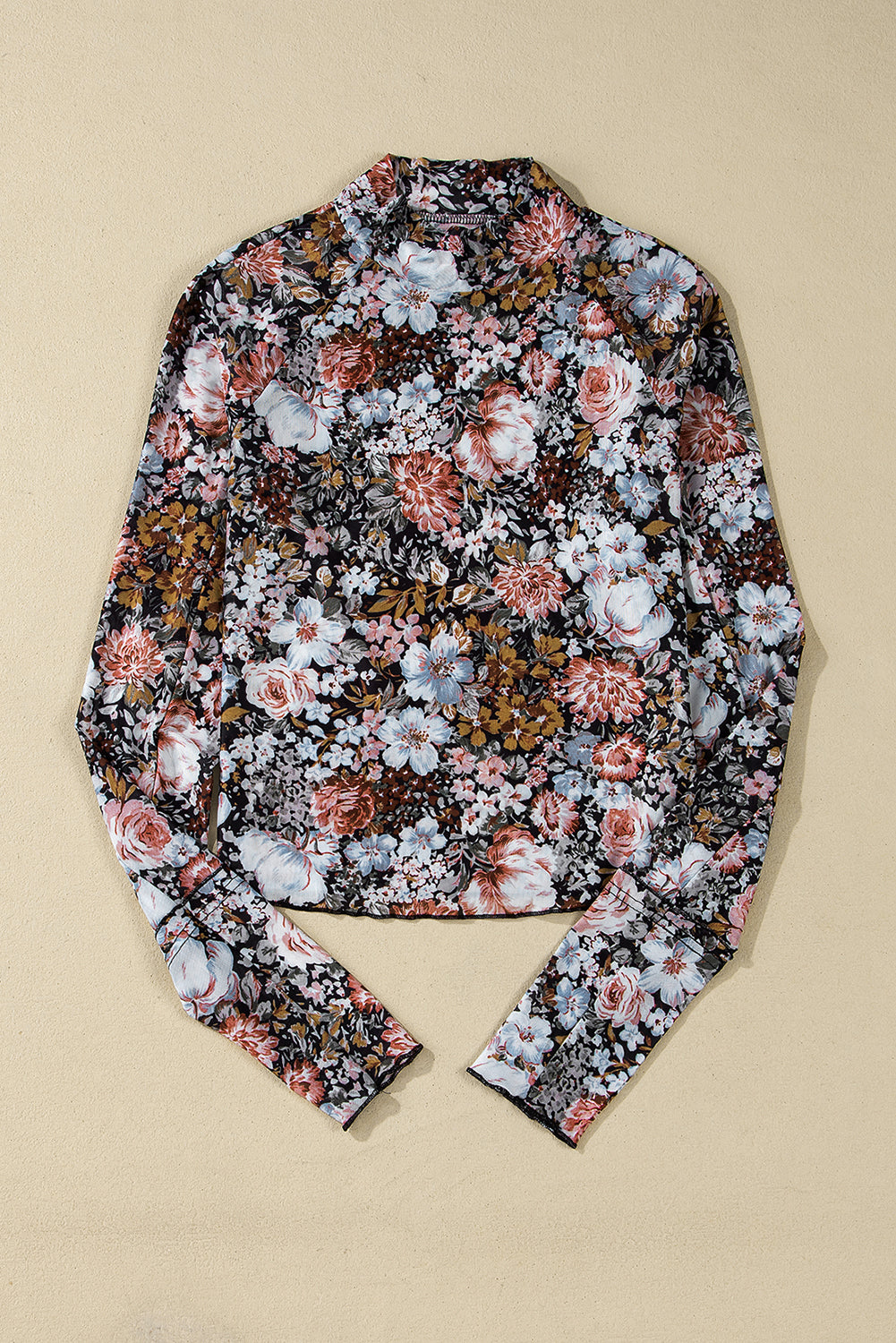 Pink Floral Print Mesh Mock Neck Slim