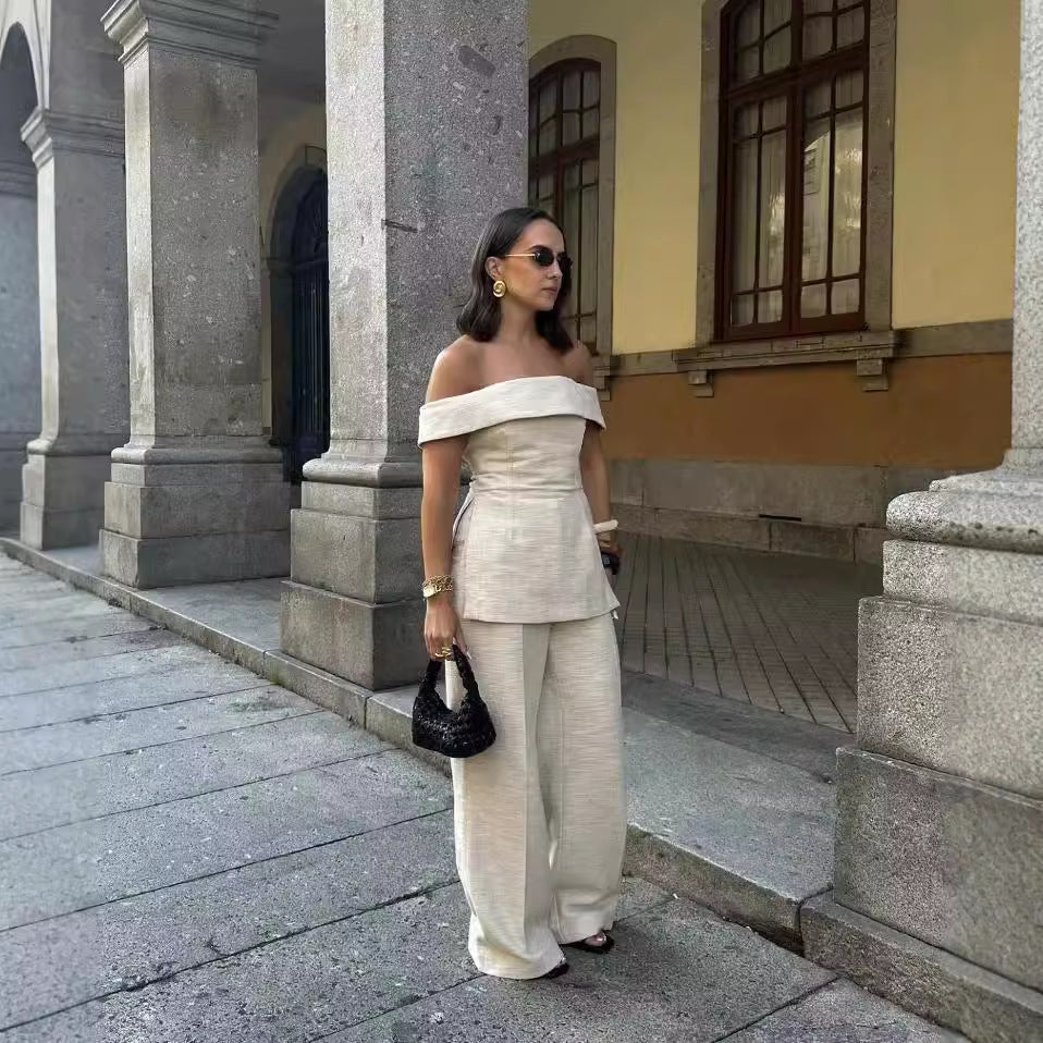 Side Slit Off-the-shoulder Pants Suit