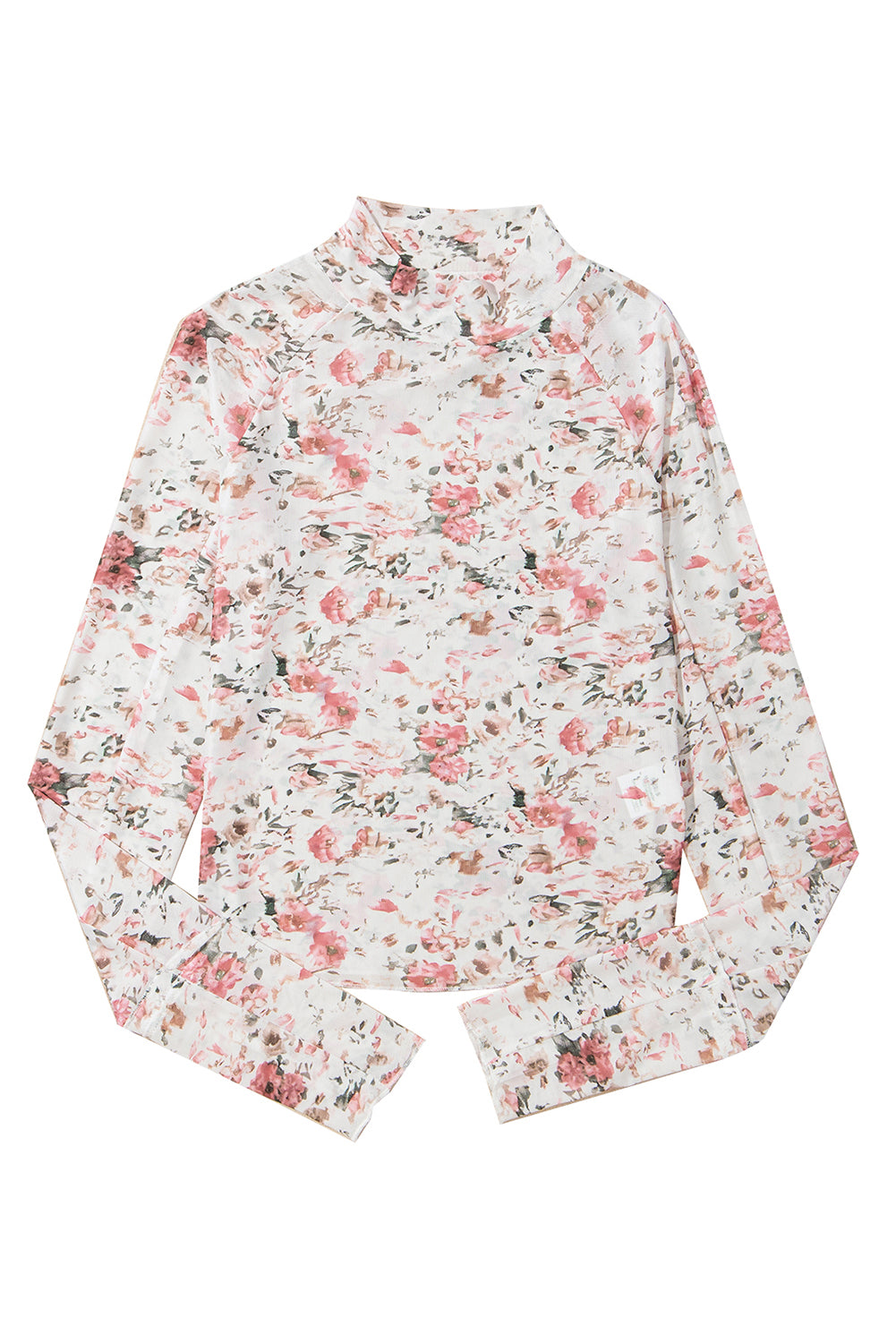 Pink Floral Print Mesh Mock Neck Slim