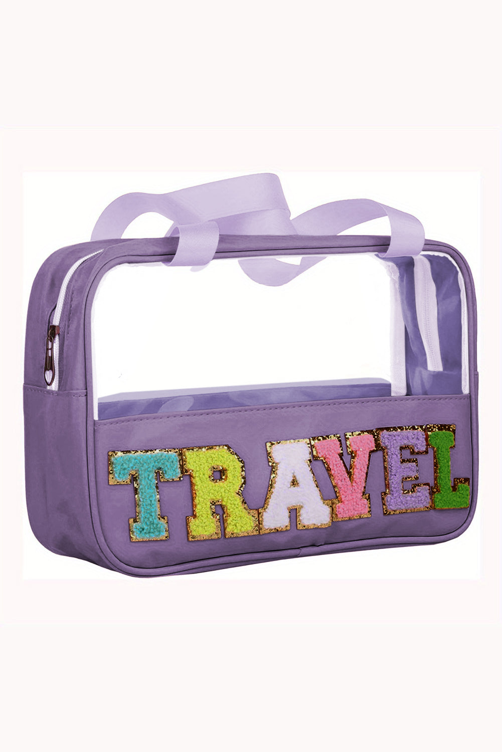Lilafarbene Kosmetiktasche aus Chenille mit Buchstaben aus transparentem PVC