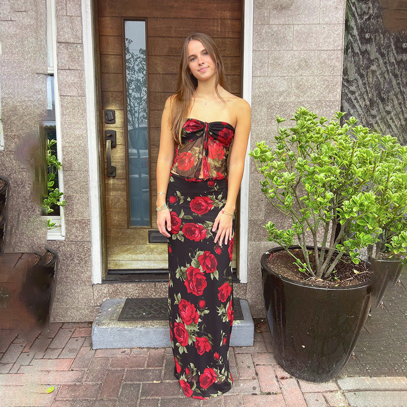 Fashion Mesh Printed Tube Top Set