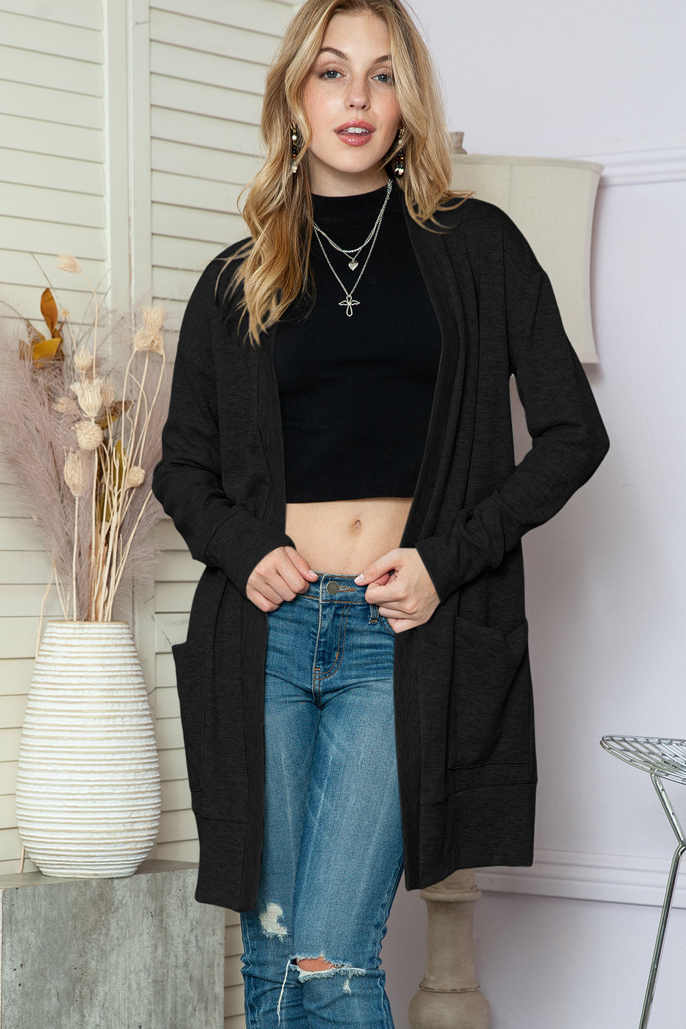 Beige Cable Knit Pocketed Open Front Long Cardigan