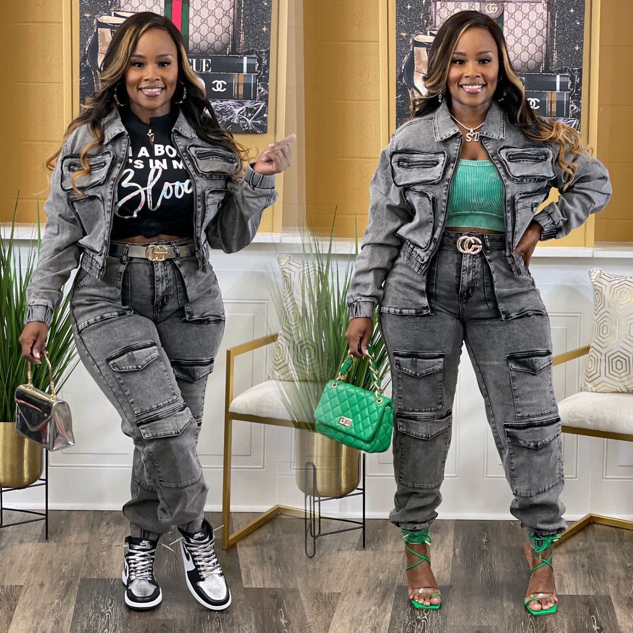 Fashion Stretchy Multi-pocket Washed Denim Sets
