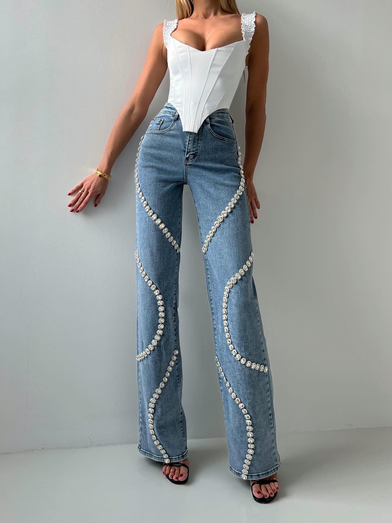 Fashionable Pants With A Rhine Stone Denim Design