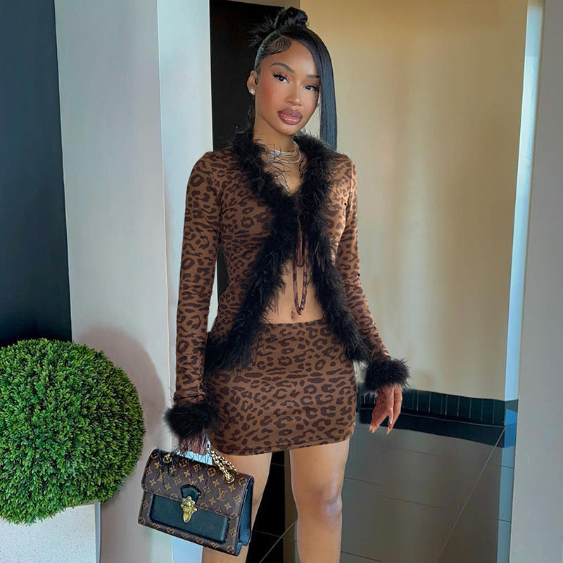 Leopard Print Fur Collar Long Sleeve Sets