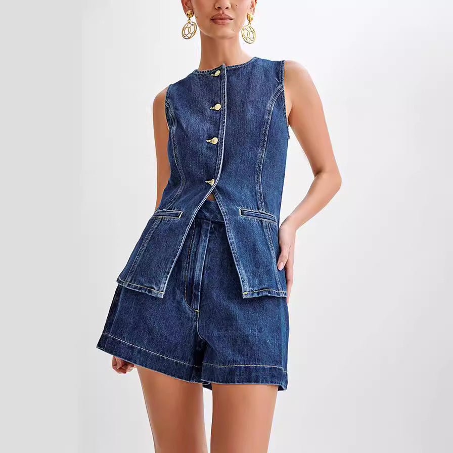 Fashion Denim Suit Casual Button Vest and High Waist Shorts Set