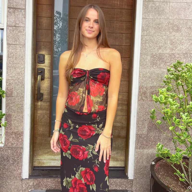 Fashion Mesh Printed Tube Top Set