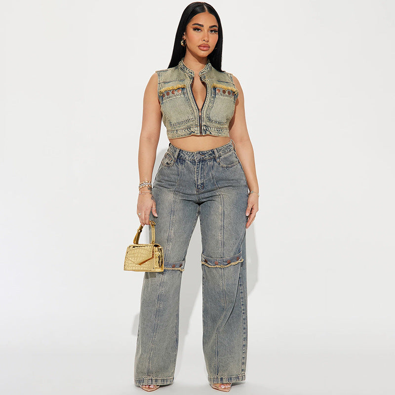 Women Vintage Streetwear Washed Denim Pants