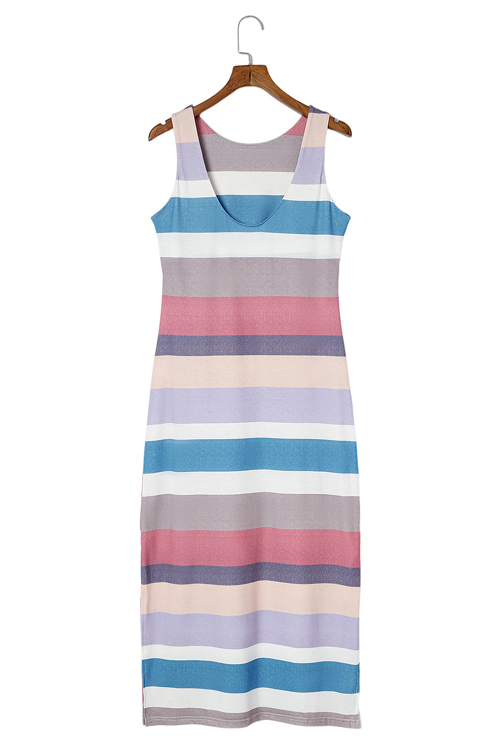 Vestido largo de tirantes con abertura y estampado de rayas multicolor