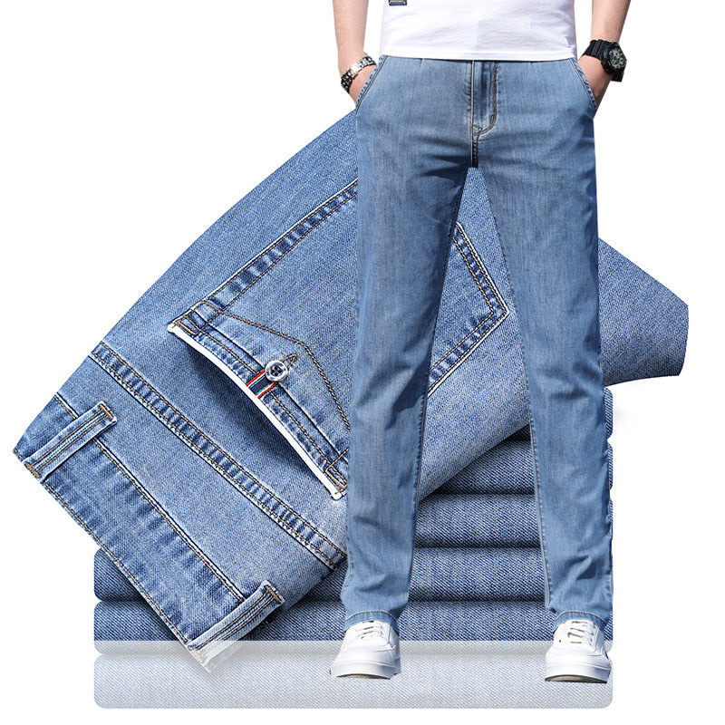 Men's Loose Elastic Jeans Straight Solid Color