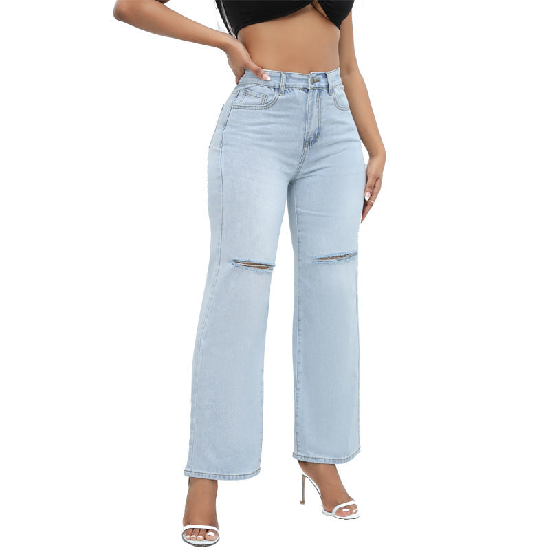 Elegant Ripped Wide-leg Jeans