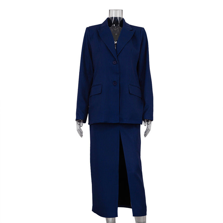Striped Lapel Long Sleeve Skirt Two-piece Suit