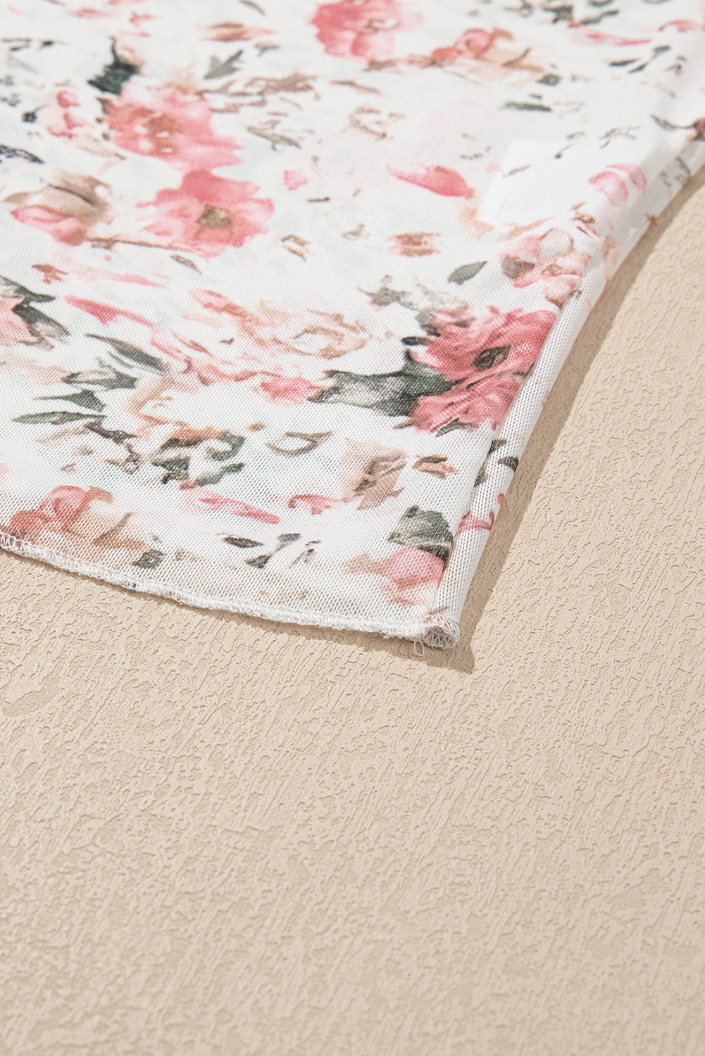 Pink Floral Print Mesh Mock Neck Slim