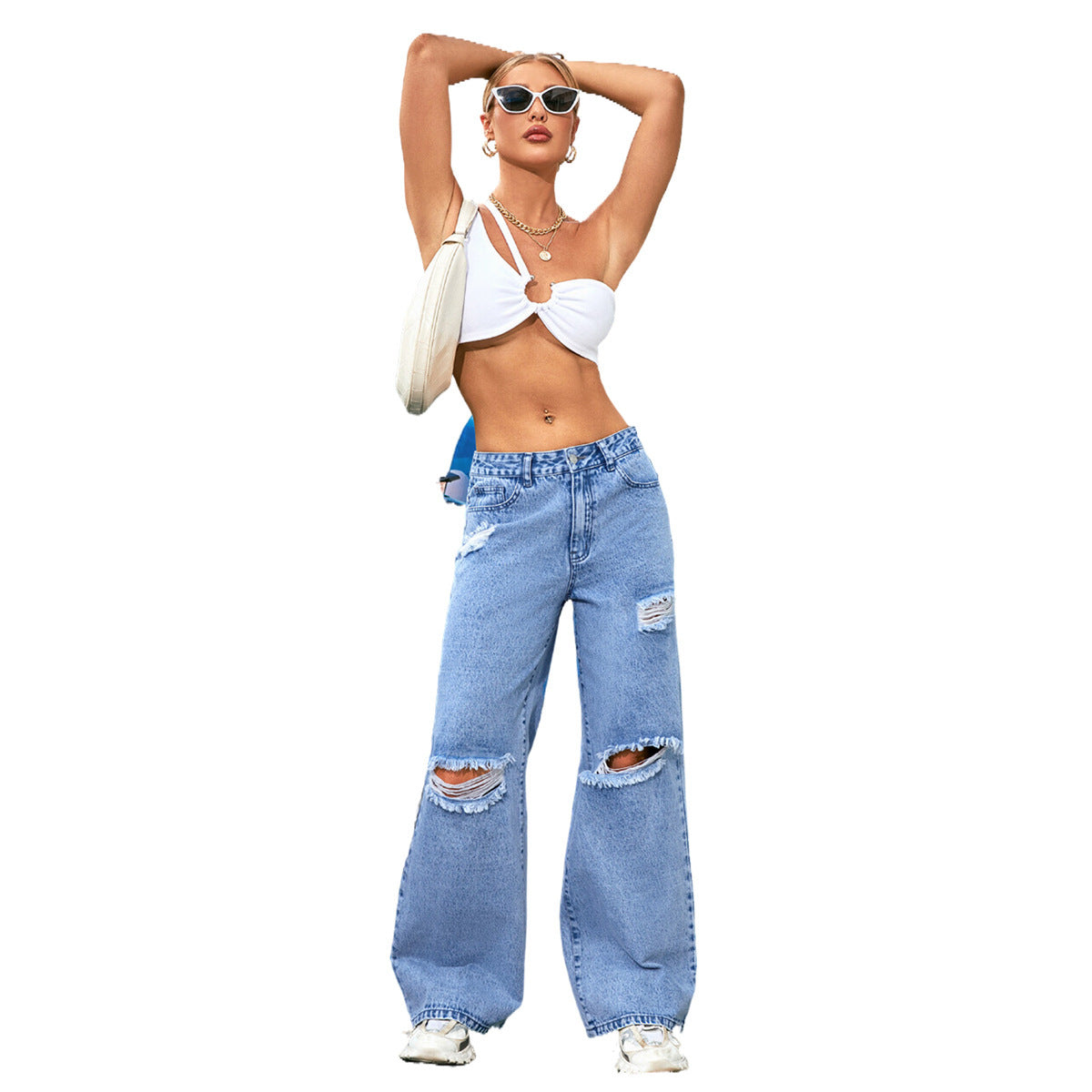 Women's High Waist Ripped Wash Denim Straight Pants