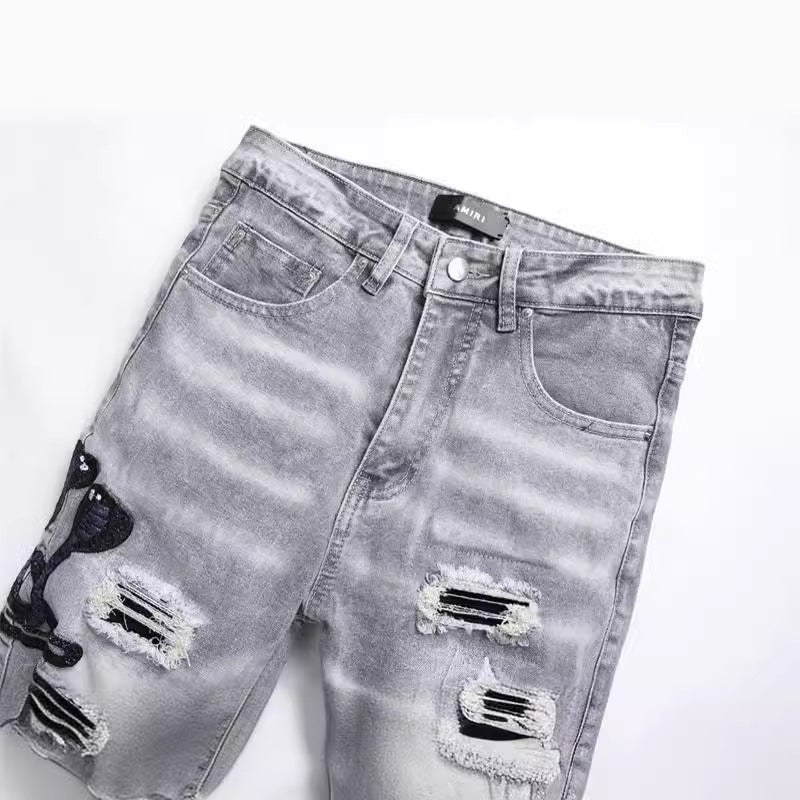 Graue Cobra-Jeans mit Loch-Patch-Stickerei für Herren