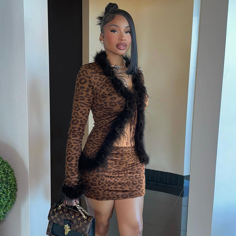 Leopard Print Fur Collar Long Sleeve Sets