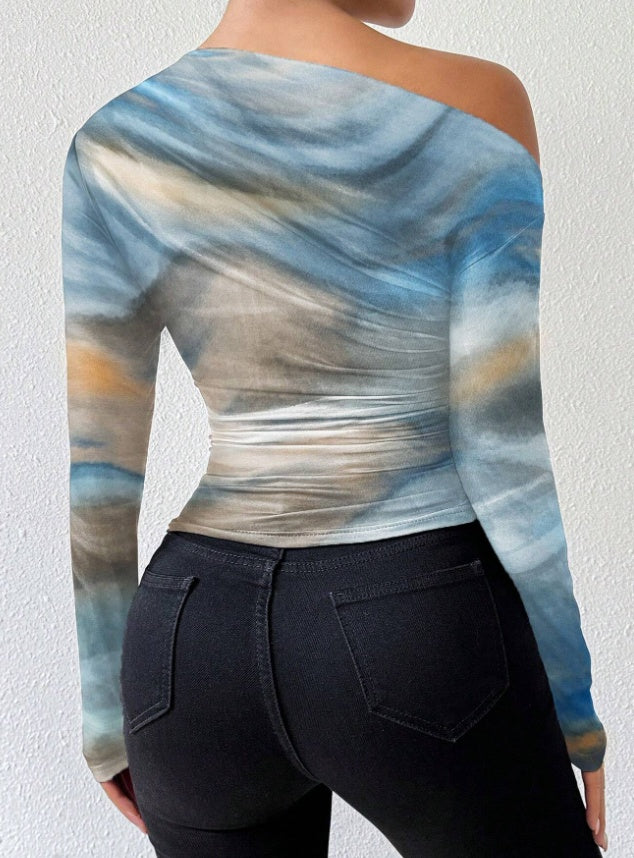 Print Long Sleeve Off-Shoulder Graphic Tops