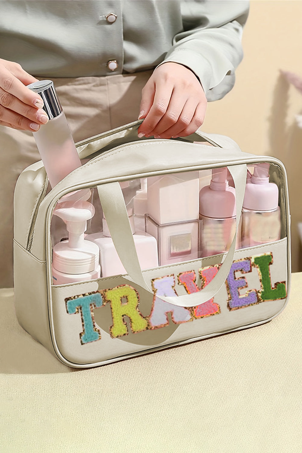 Bolsa de maquillaje transparente de viaje con diseño de pergamino
