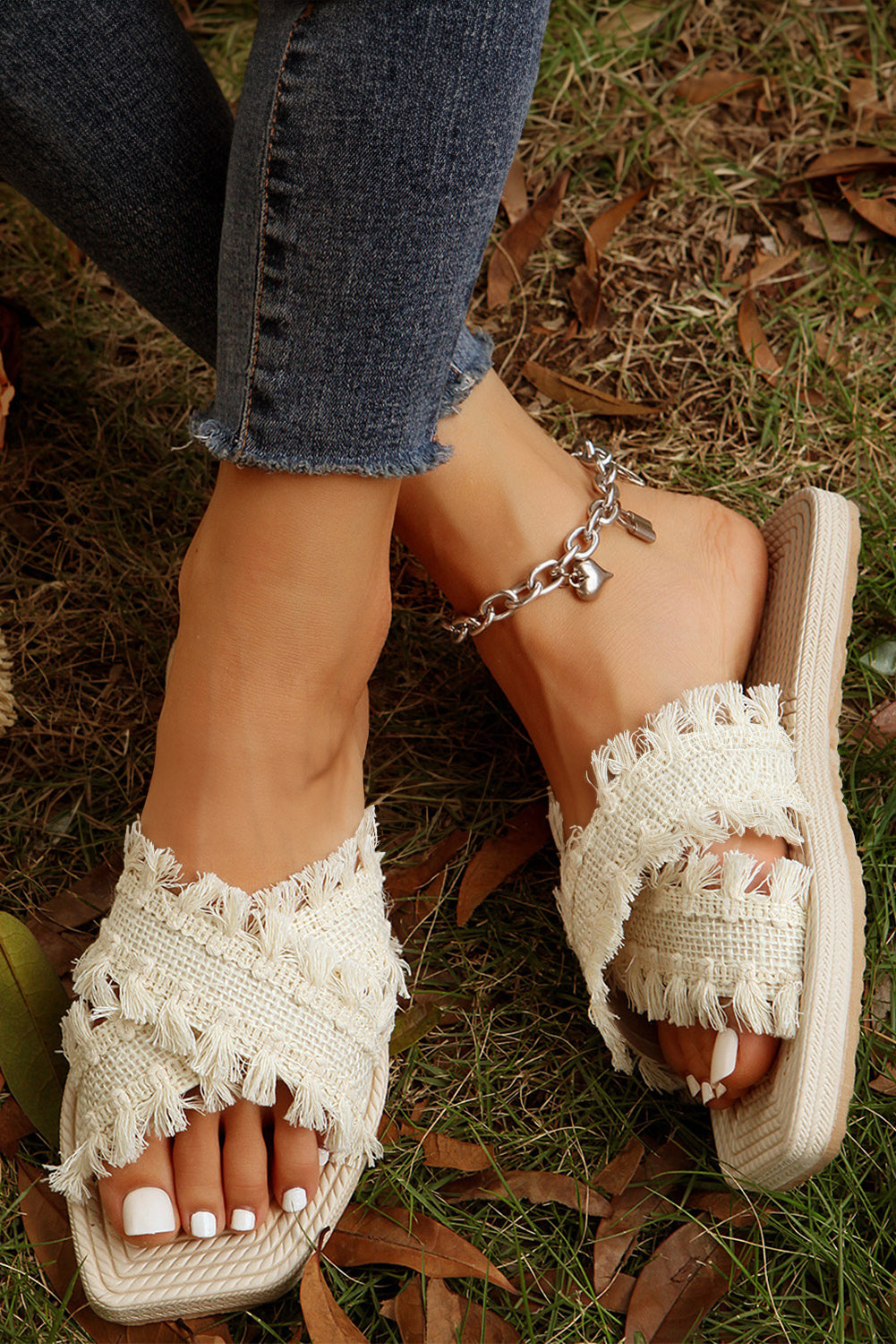 Beige Tassel Woven Crossed Straps Slippers