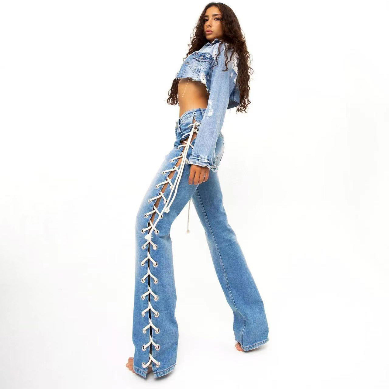 Cotton Side Casual Fashionable Wide Leg Denim Pants