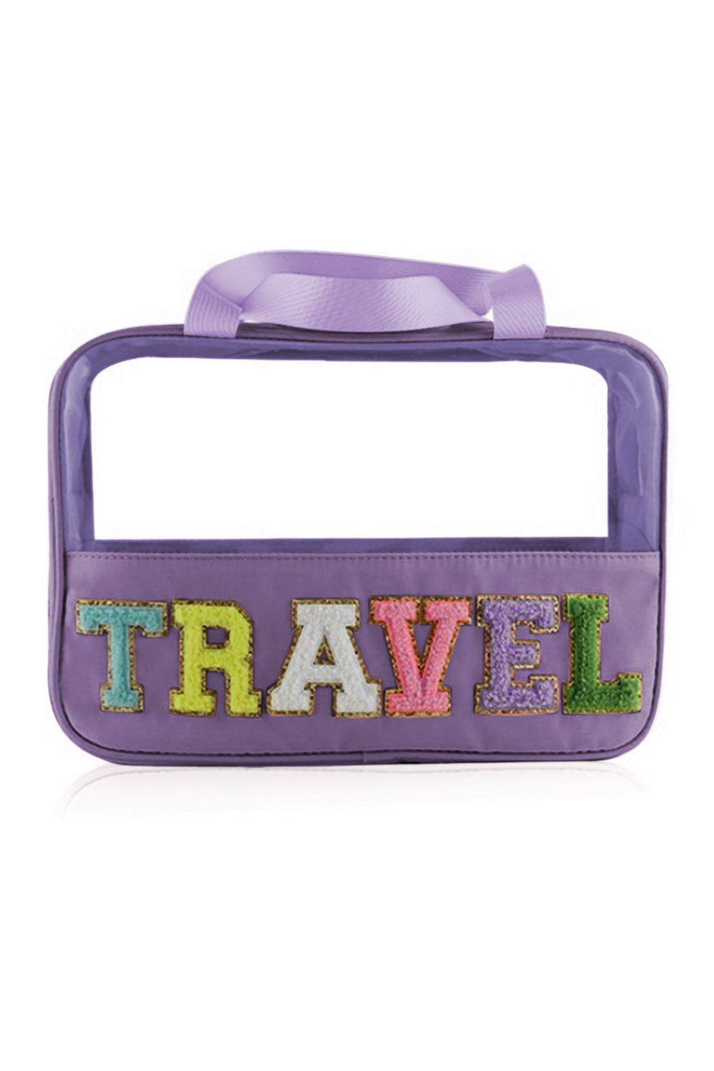 Lilafarbene Kosmetiktasche aus Chenille mit Buchstaben aus transparentem PVC