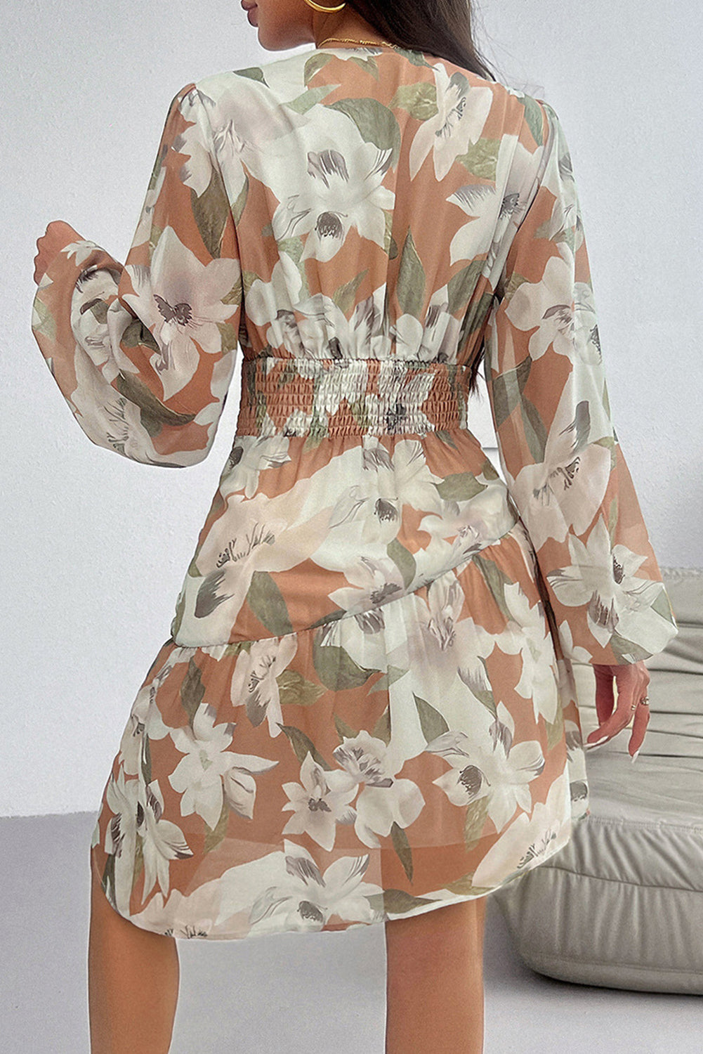 Red Temperament Floral Printed Long Sleeve Dress