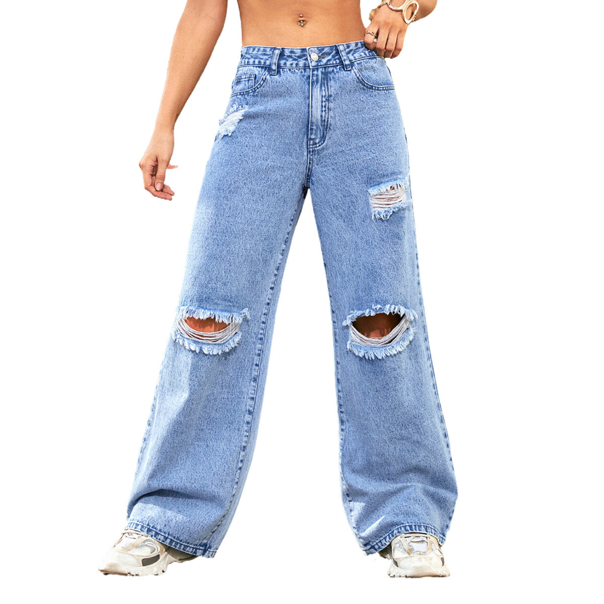 Women's High Waist Ripped Wash Denim Straight Pants