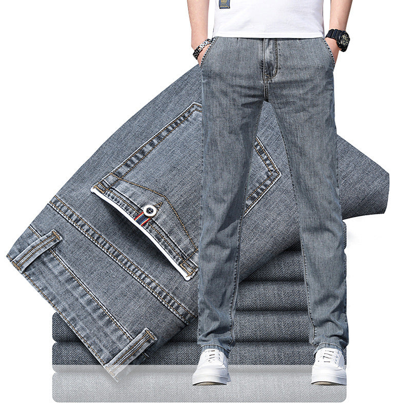 Men's Loose Elastic Jeans Straight Solid Color