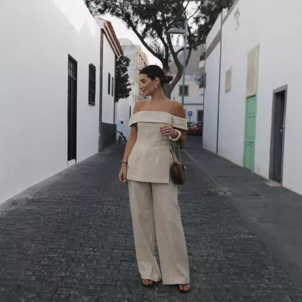Side Slit Off-the-shoulder Pants Suit