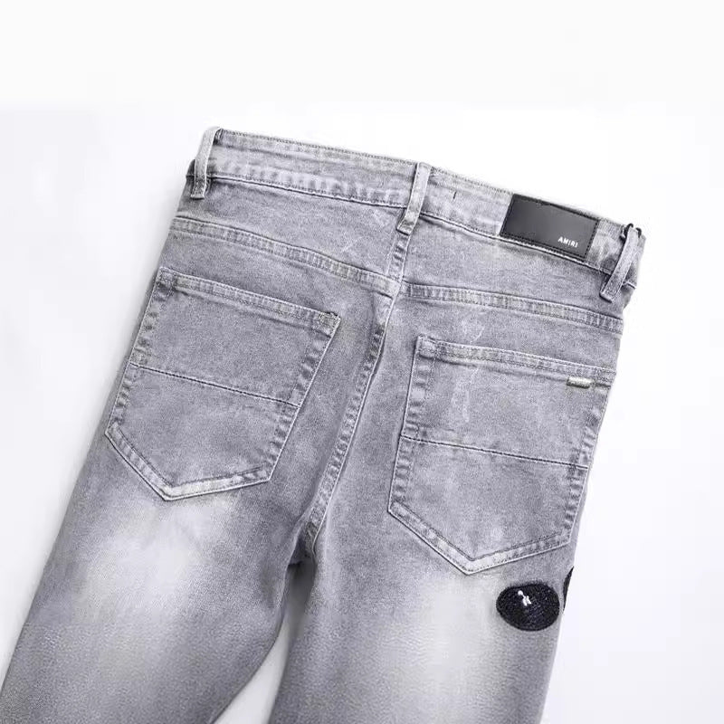 Graue Cobra-Jeans mit Loch-Patch-Stickerei für Herren