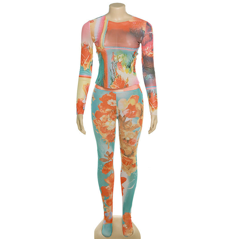 Printed High Waist Slim Pants Suit