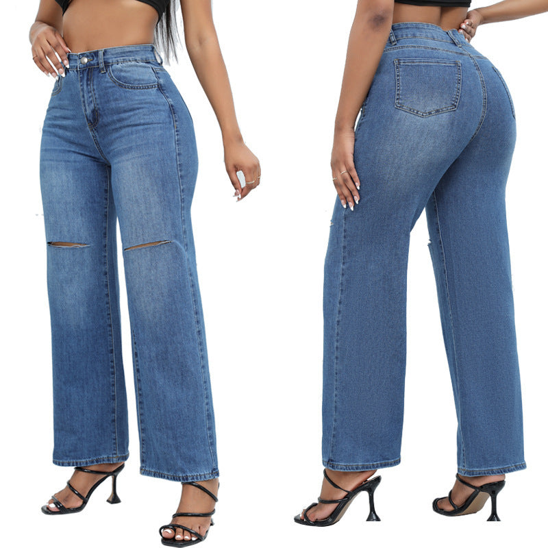 Elegant Ripped Wide-leg Jeans