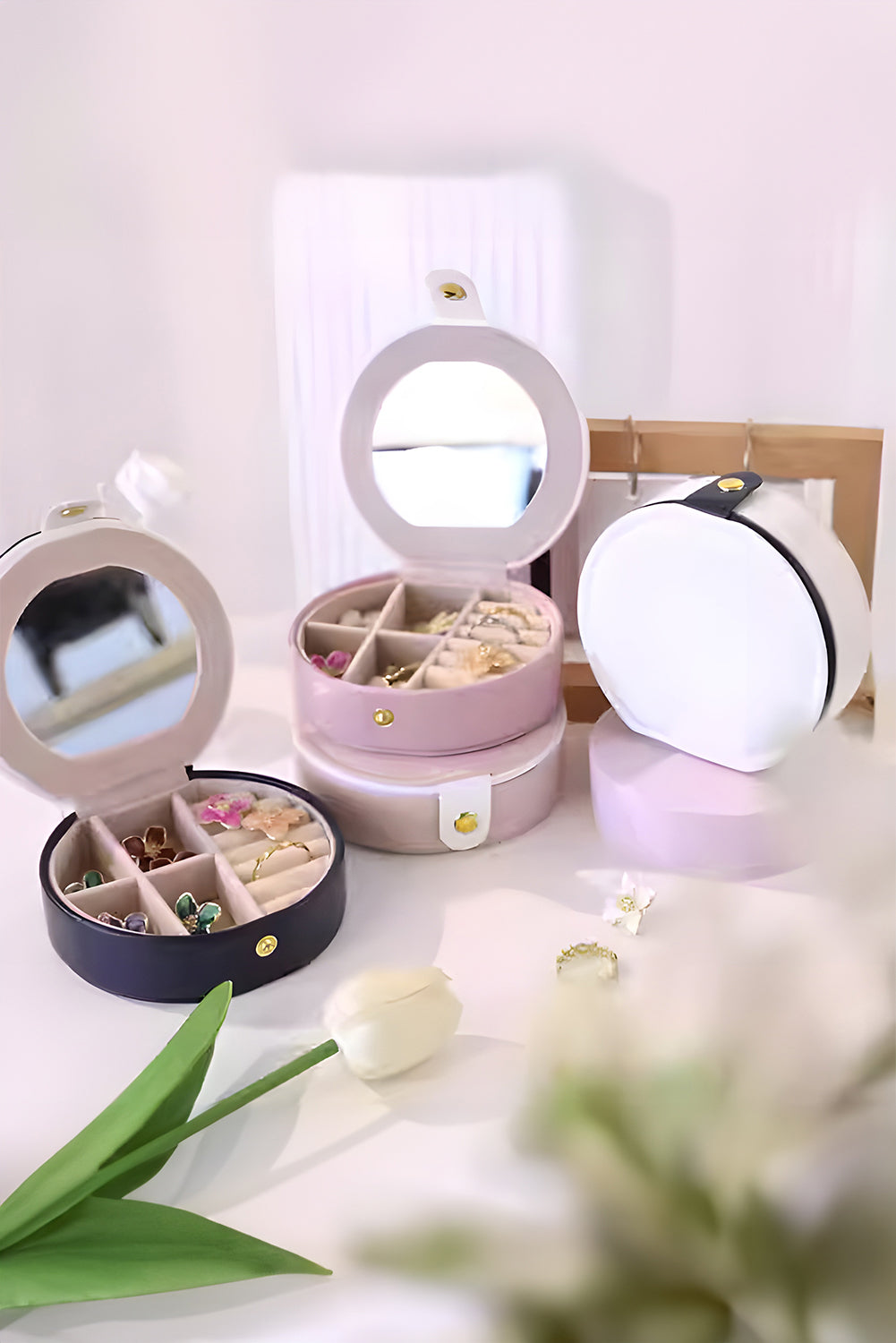 Hellrosa Schmuck-Organizer-Etuis mit Spiegel