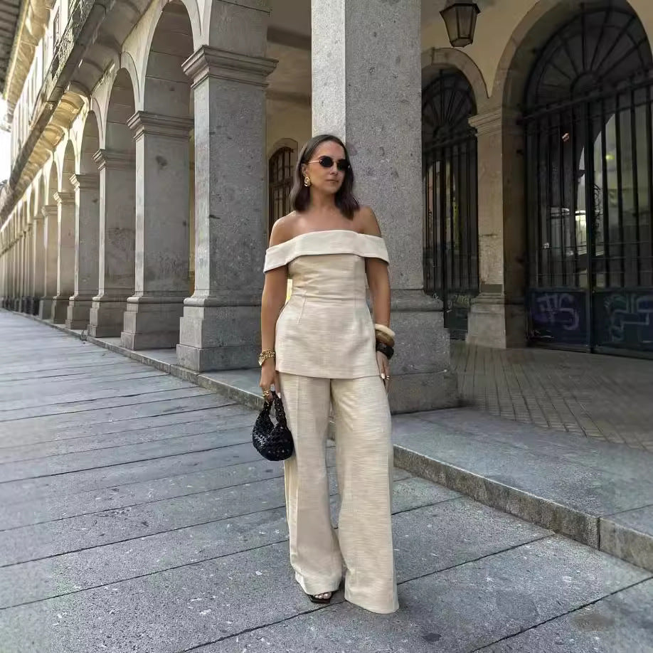 Side Slit Off-the-shoulder Pants Suit