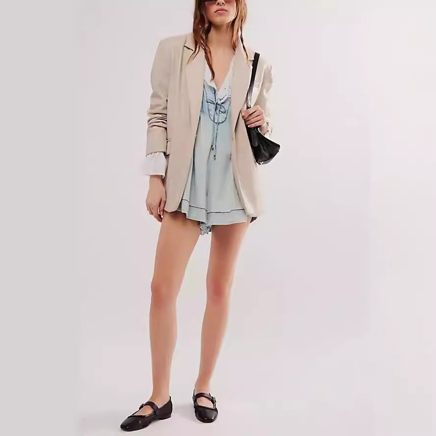 V-neck Denim Shorts Jumpsuit With Pockets Loose Beach Pants