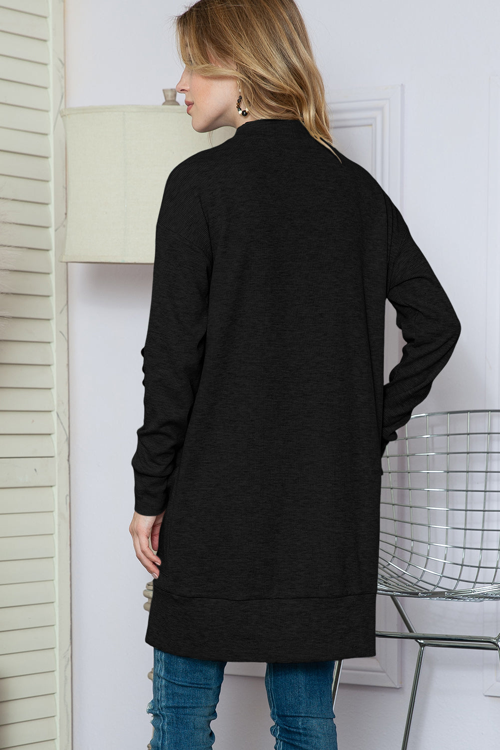 Beige Cable Knit Pocketed Open Front Long Cardigan