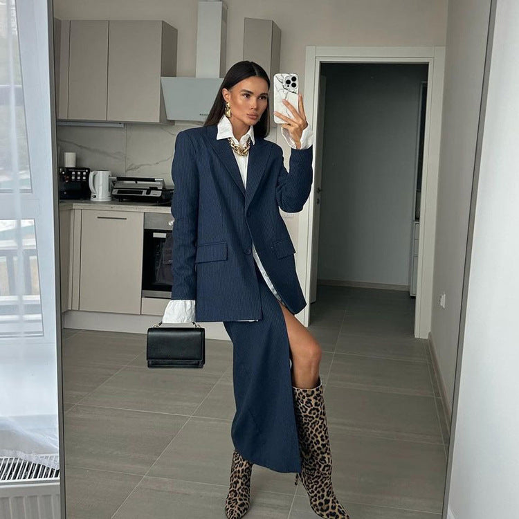 Striped Lapel Long Sleeve Skirt Two-piece Suit