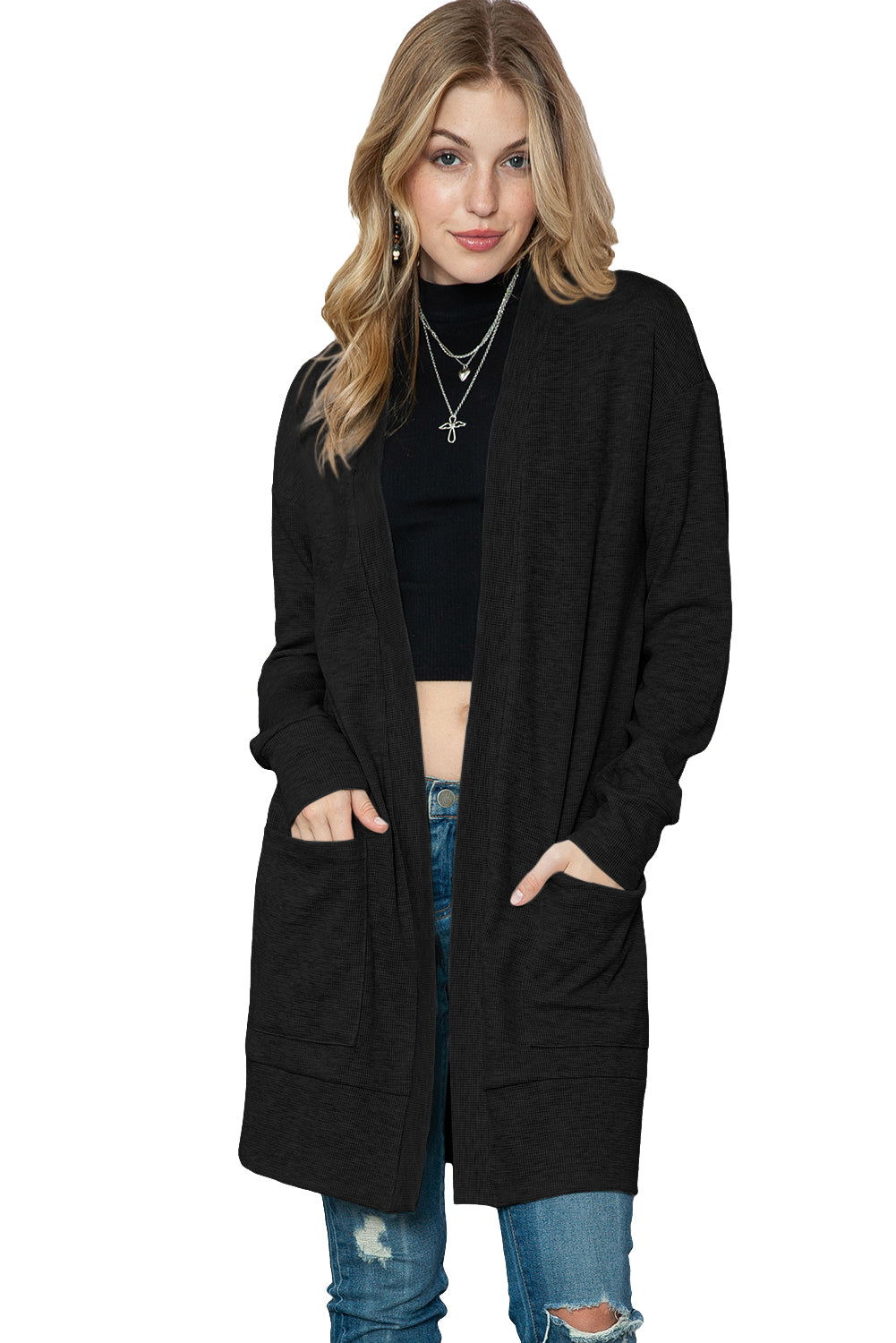 Beige Cable Knit Pocketed Open Front Long Cardigan