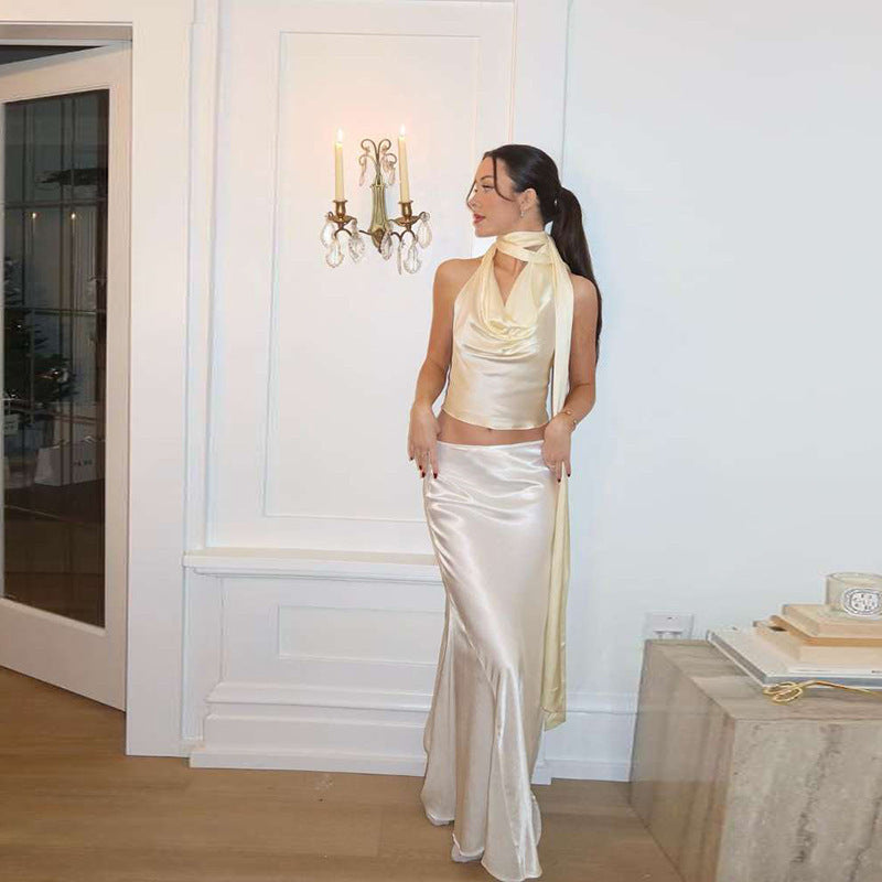 Satin Halter Top Low-waist Skirt Sets