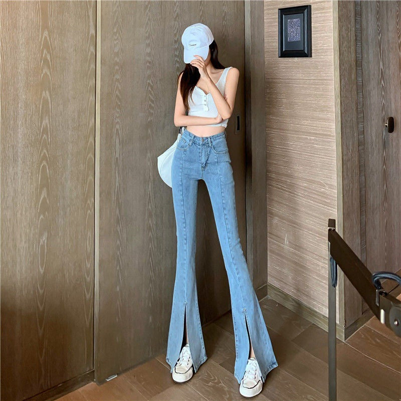 Women's High Waist Slit Jeans Micro Flared Pants