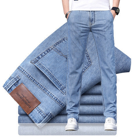 Men's Loose Elastic Jeans Straight Solid Color