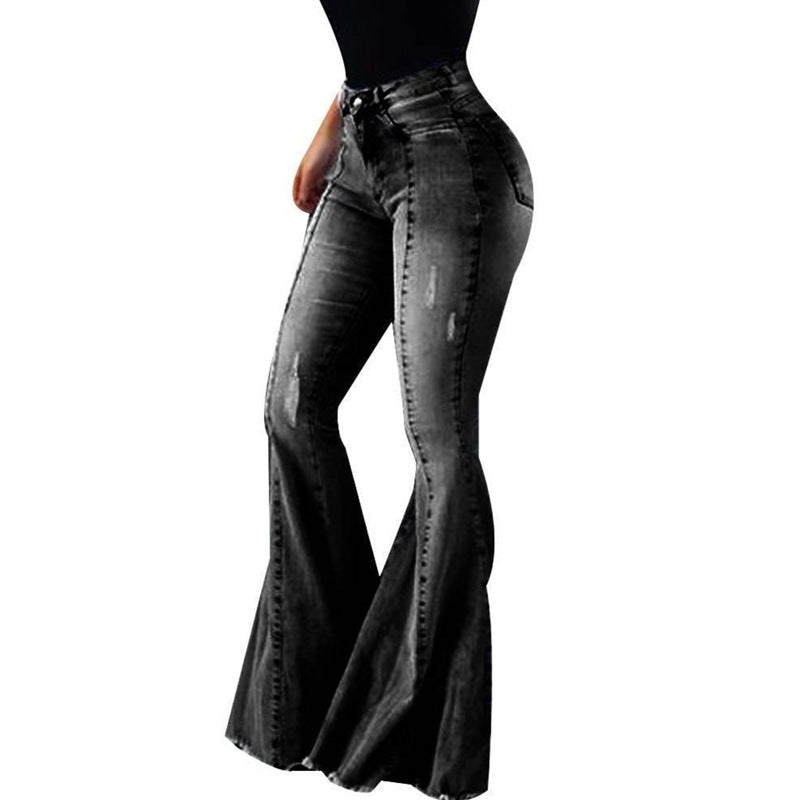 Elastic High Waist Ripped Flared