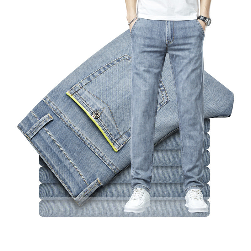 Men's Loose Elastic Jeans Straight Solid Color